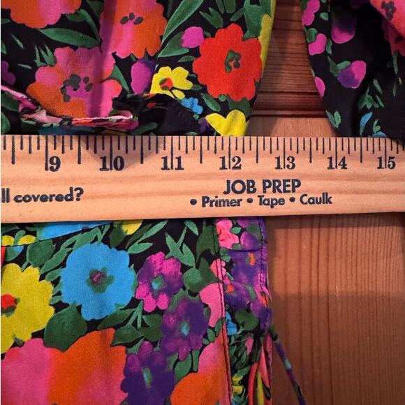 Les Rêveries Puff Sleeve 100% silk bright floral Wrap Top made in USA - Picture 7 of 8
